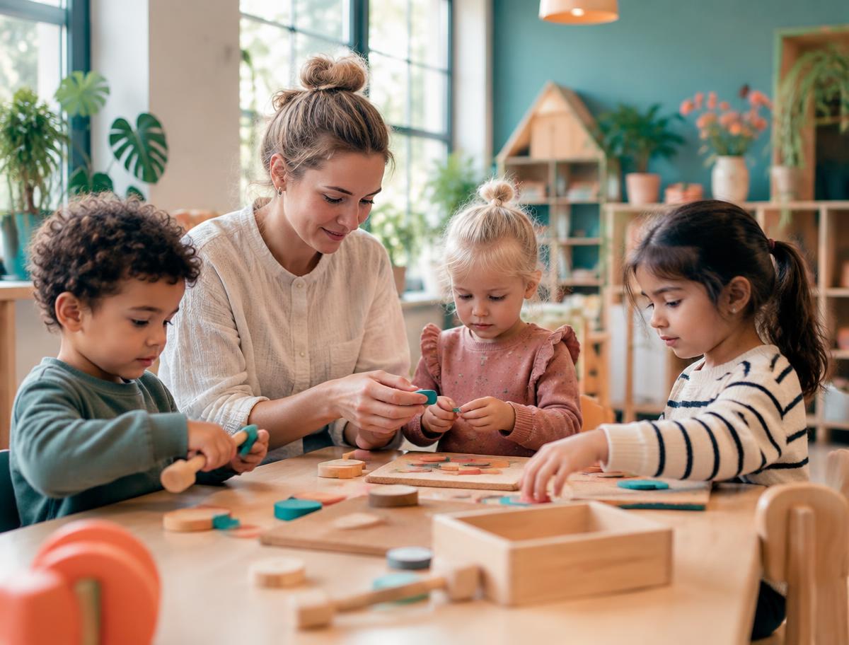 Pedagogisch medewerker begeleidt kinderen tijdens een creatieve activiteit