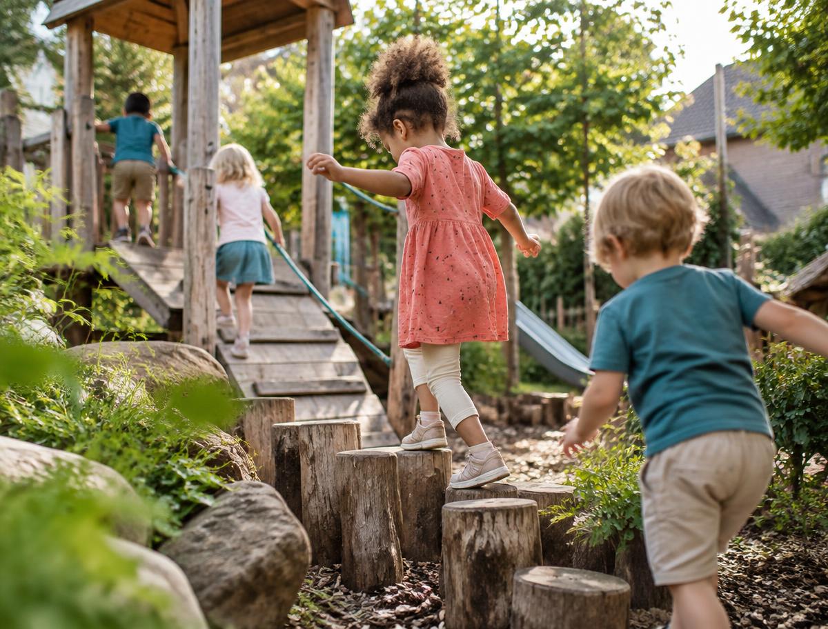 Kinderen spelen samen in een groene buitenspeelplaats